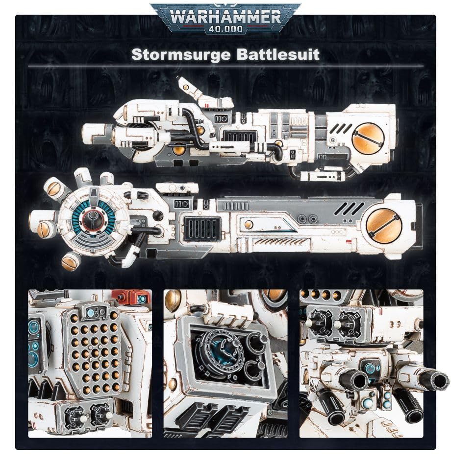 Games Workshop KV128 Stormsurge Tau weaponry cluster conveys imposing battlefield presence.