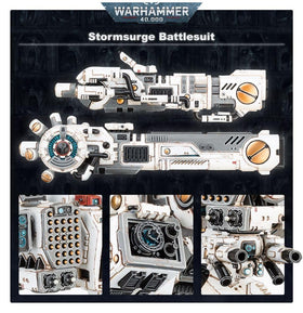 Games Workshop KV128 Stormsurge Tau weaponry cluster conveys imposing battlefield presence.