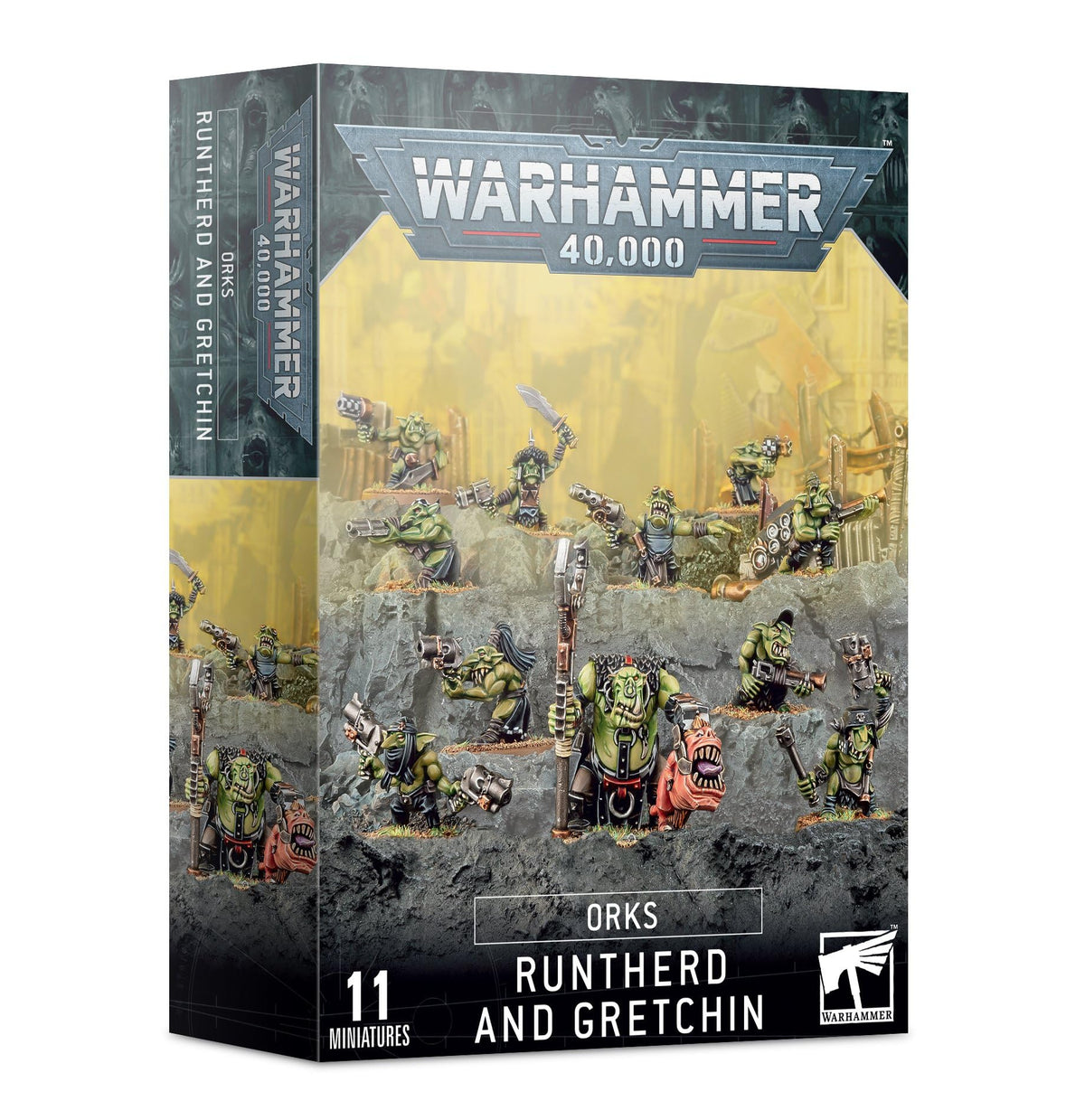 Games Workshop Ork Gretchin box front view, showcasing head variants for dynamic poses.