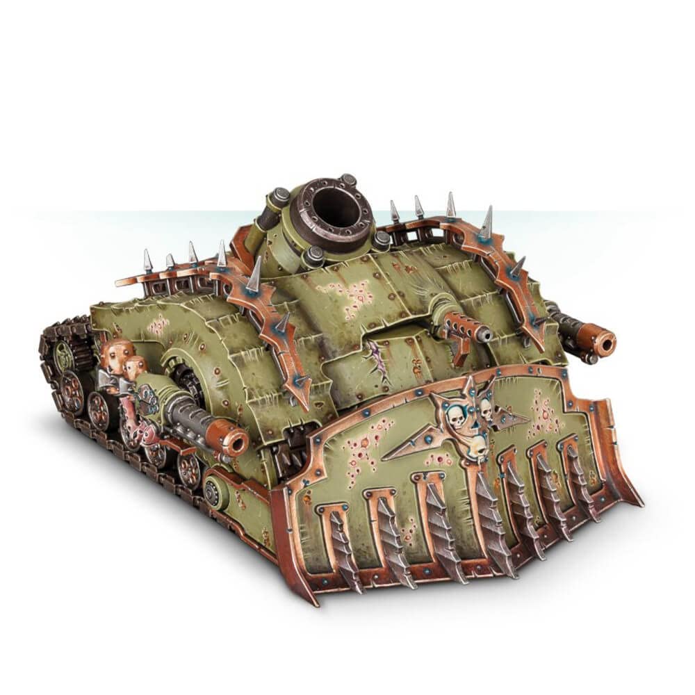 Games Workshop Plagueburst Crawler front view with massive dozer blade for dramatic tabletop presence
