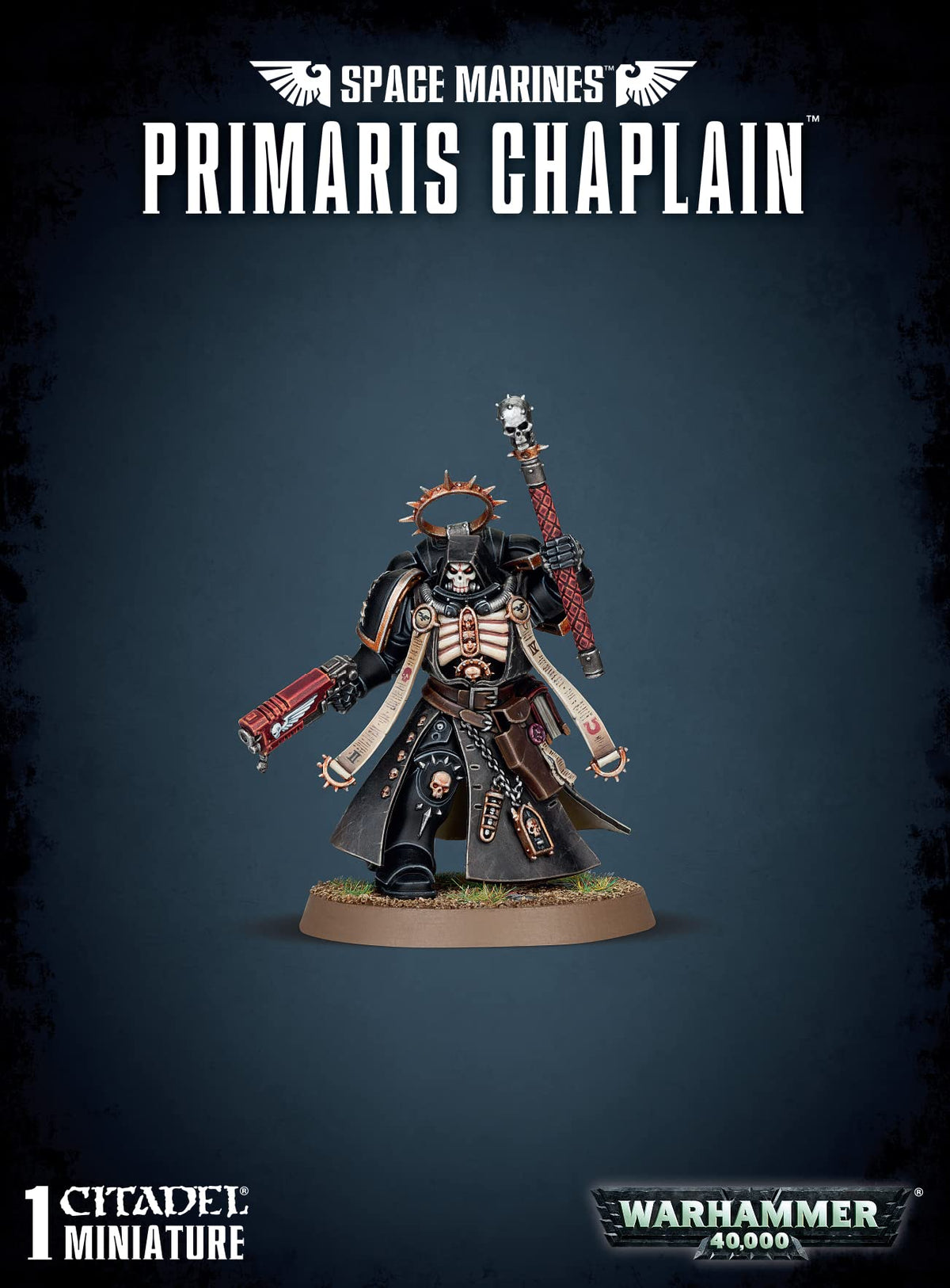 Games Workshop Primaris Chaplain plastic kit for assembling a tabletop Space Marines hero.
