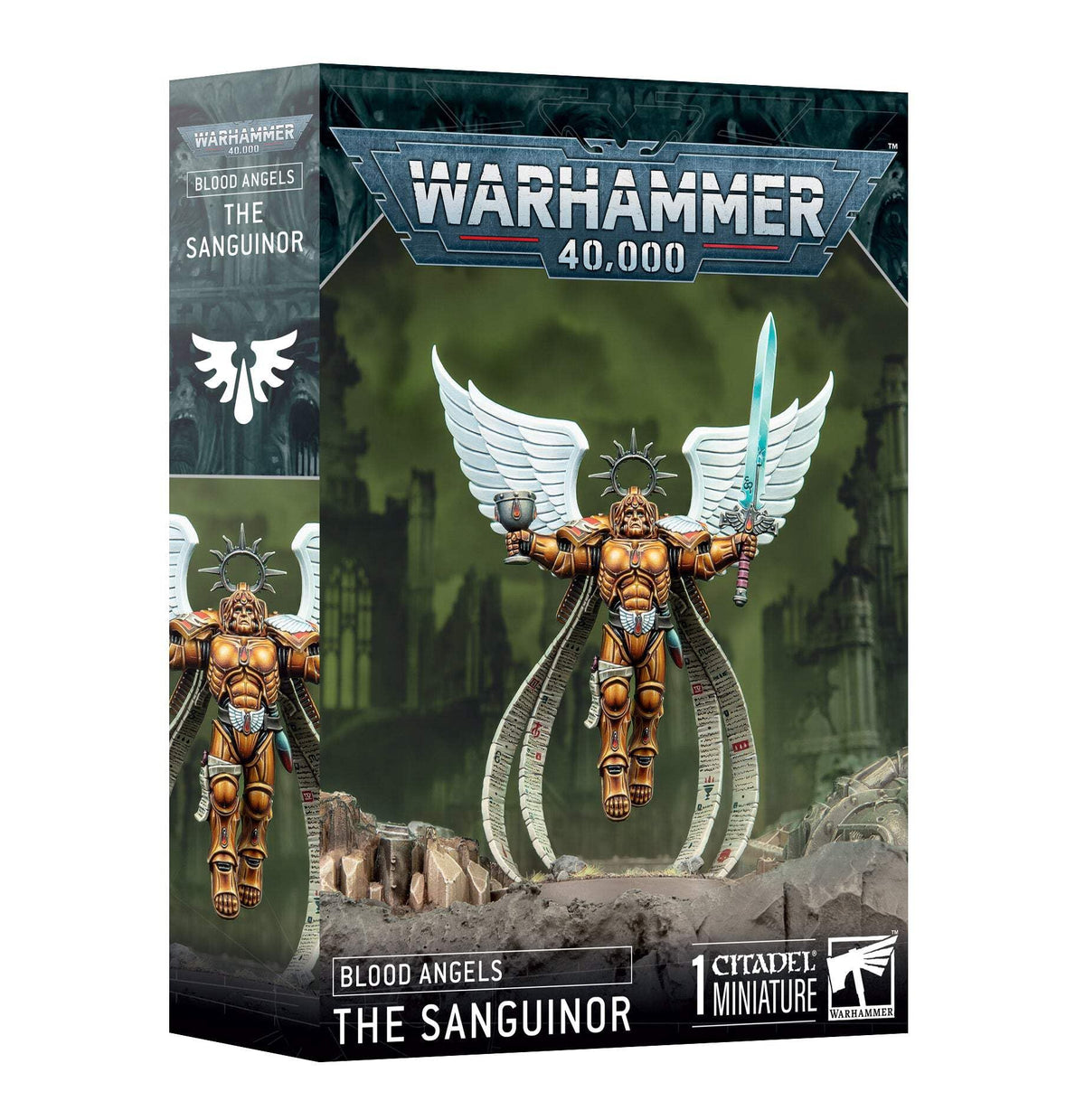 Games Workshop Sanguinor in angelic floating pose, dramatic centerpiece for Warhammer 40K battles