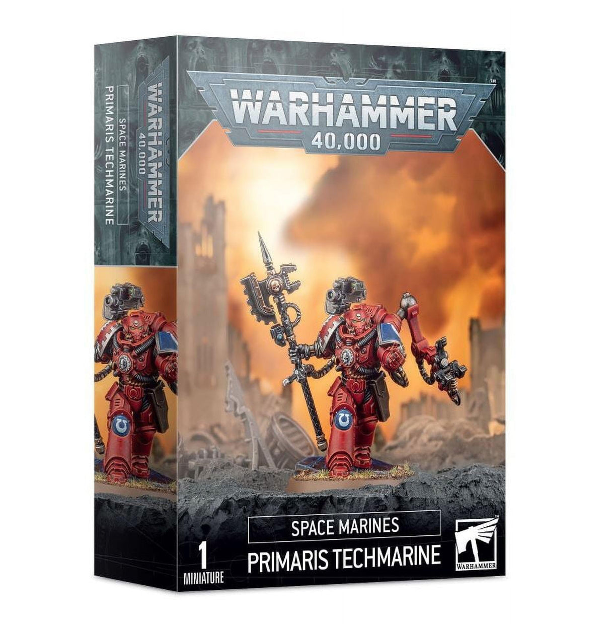 Games Workshop Space Marine Techmarine Primaris with wargear pose for tabletop battles.