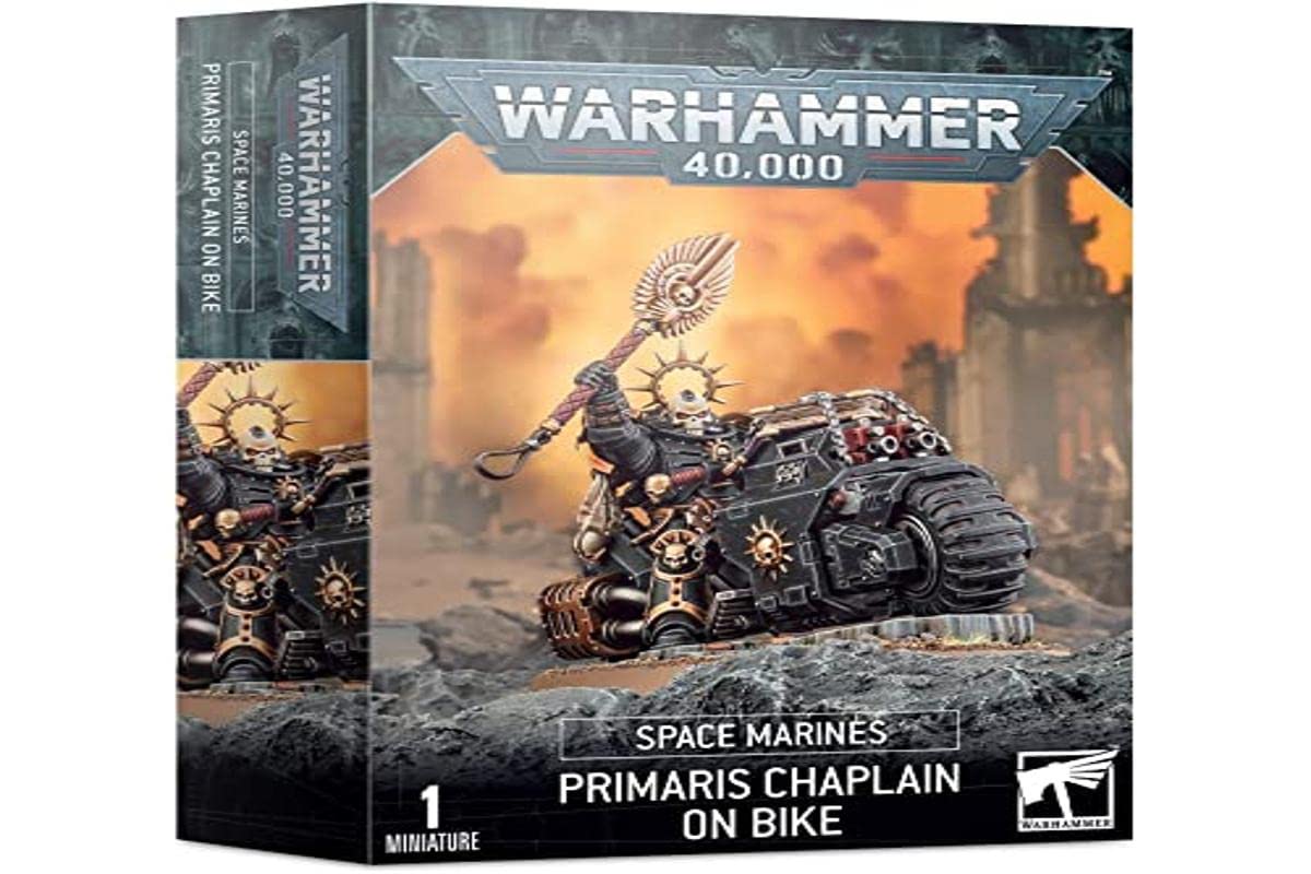 Games Workshop Space Marines Primaris Chaplain on Bike Black, ready for tabletop battles and display.