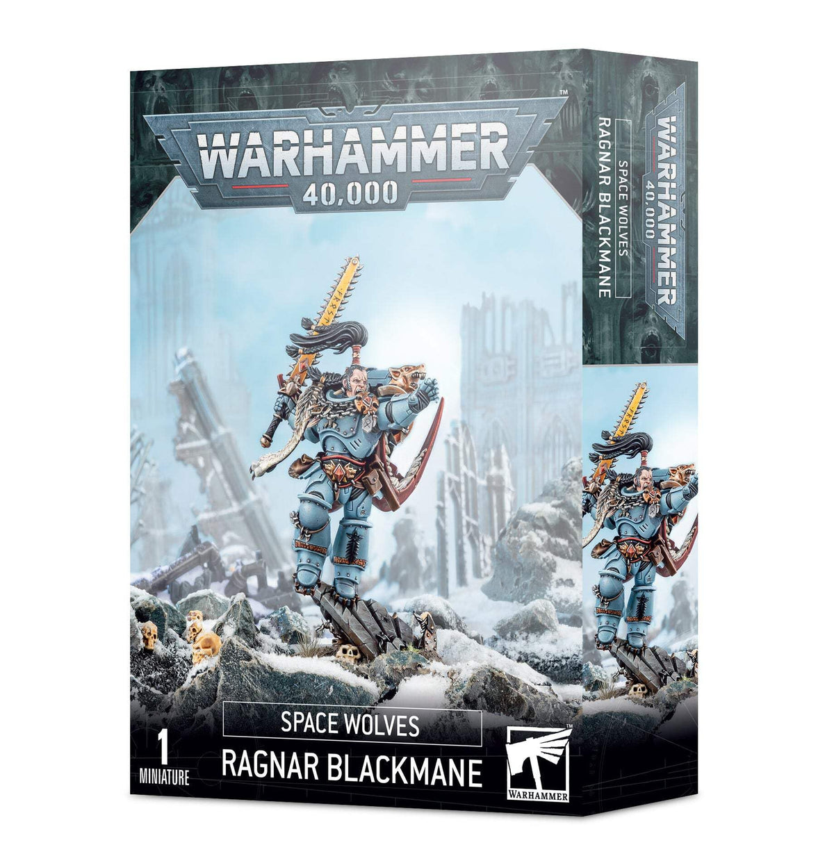 Games Workshop Ragnar Blackmane Space Wolves miniature, front view, ideal for display and painting.
