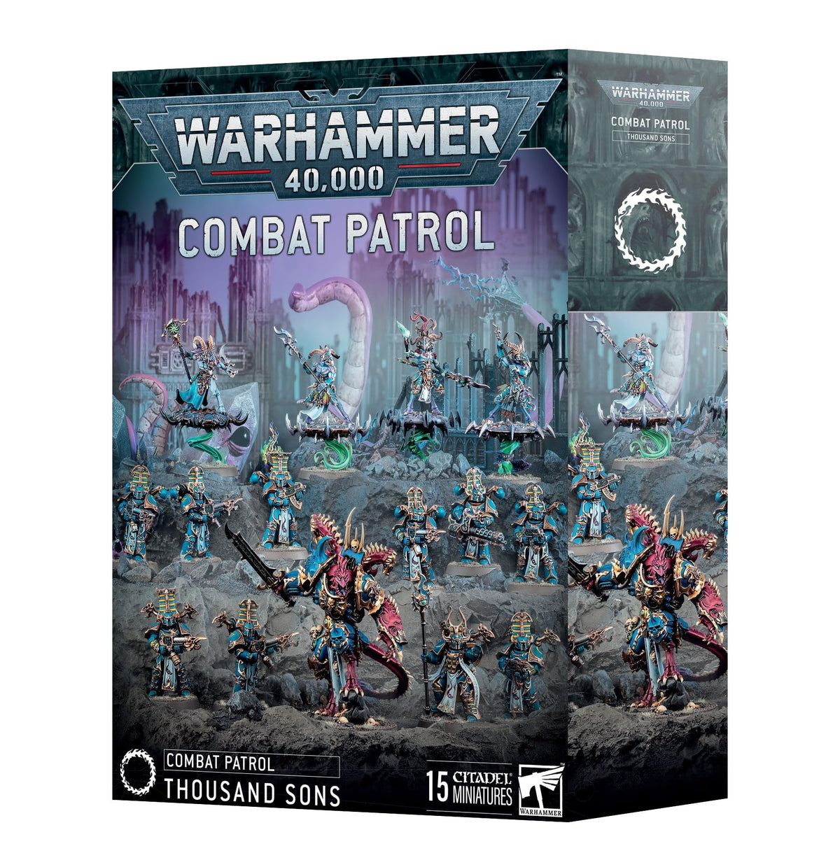 Games Workshop Thousand Sons assembled figures in arcane poses for tabletop skirmishes.