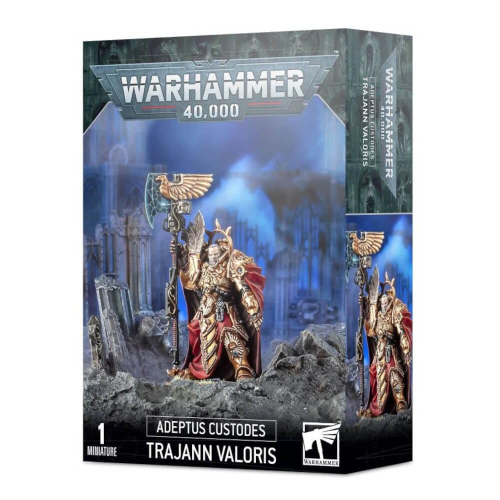 Games Workshop Trajann Valoris miniature, front view, ideal for tabletop battles.