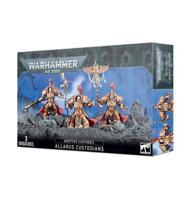 Games Workshop Adeptus Custodes Allarus Custodian model assembly, perfect for tabletop battles and display.