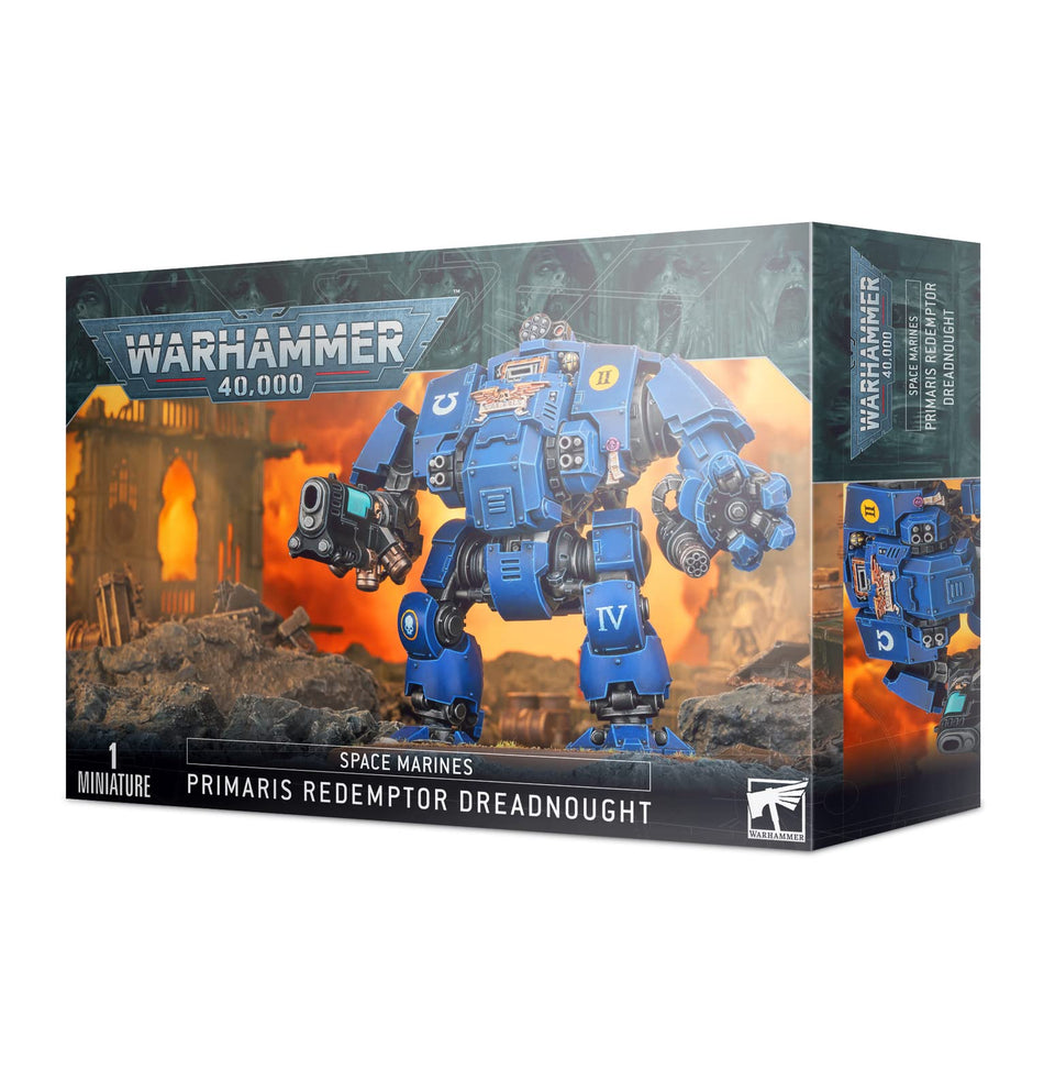 Games Workshop Primaris Redemptor Dreadnought front view for dynamic tabletop gameplay