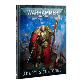 Games Workshop codex cover art featuring the Adeptus Custodes in regal gold armor for immersive gameplay inspiration.