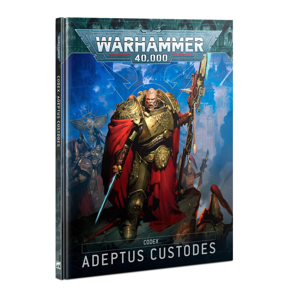 Games Workshop codex cover art featuring the Adeptus Custodes in regal gold armor for immersive gameplay inspiration.