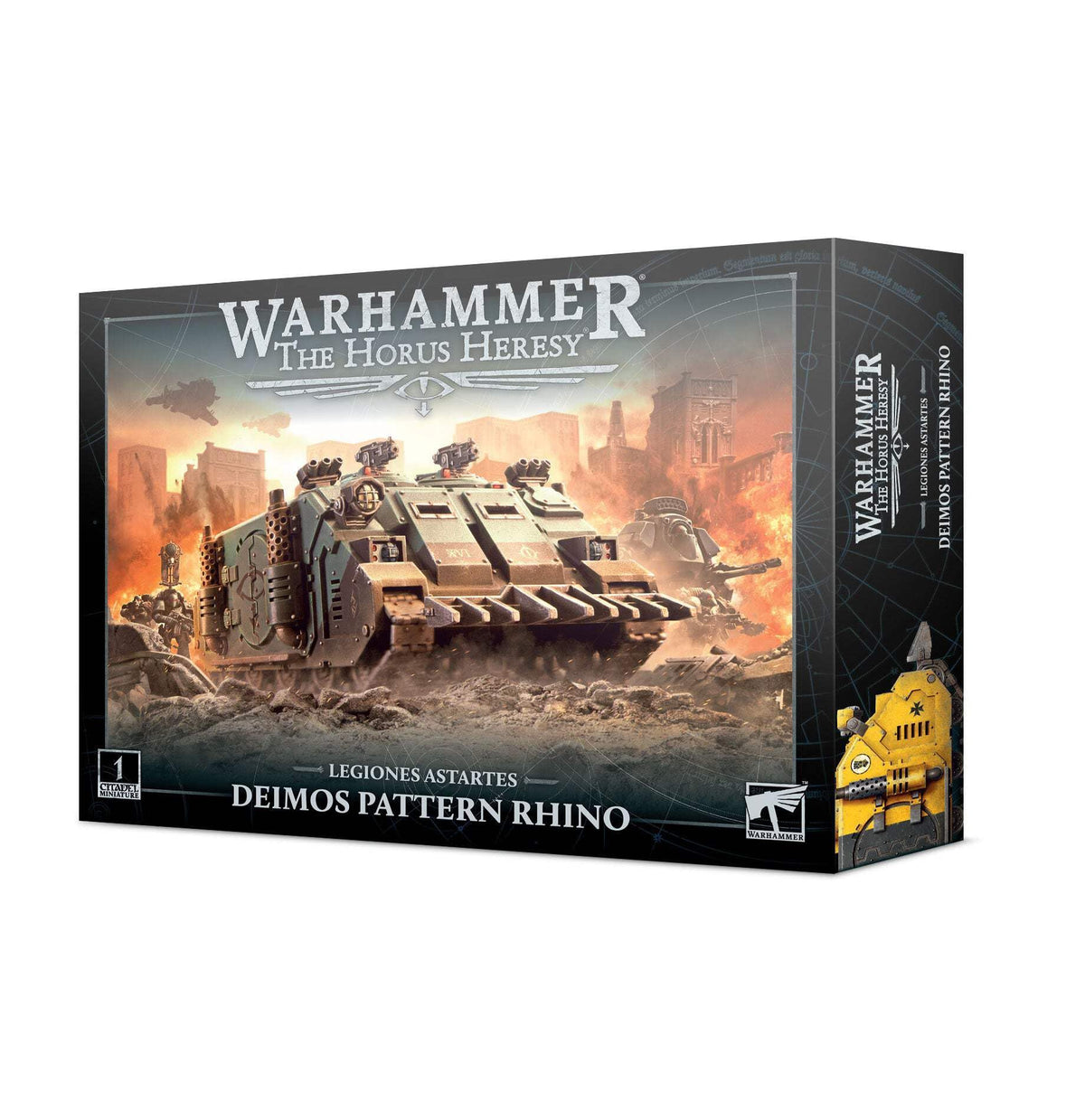 Games Workshop Warhammer Deimos pattern Rhino, robust transport for Legiones Astartes with optional weapon configurations.