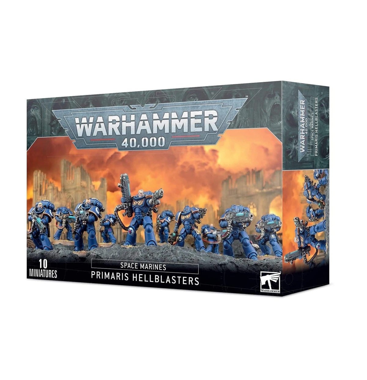 Close-up of Games Workshop Primaris Hellblasters assembly, showing configurable plasma weapons for varied squad setups.