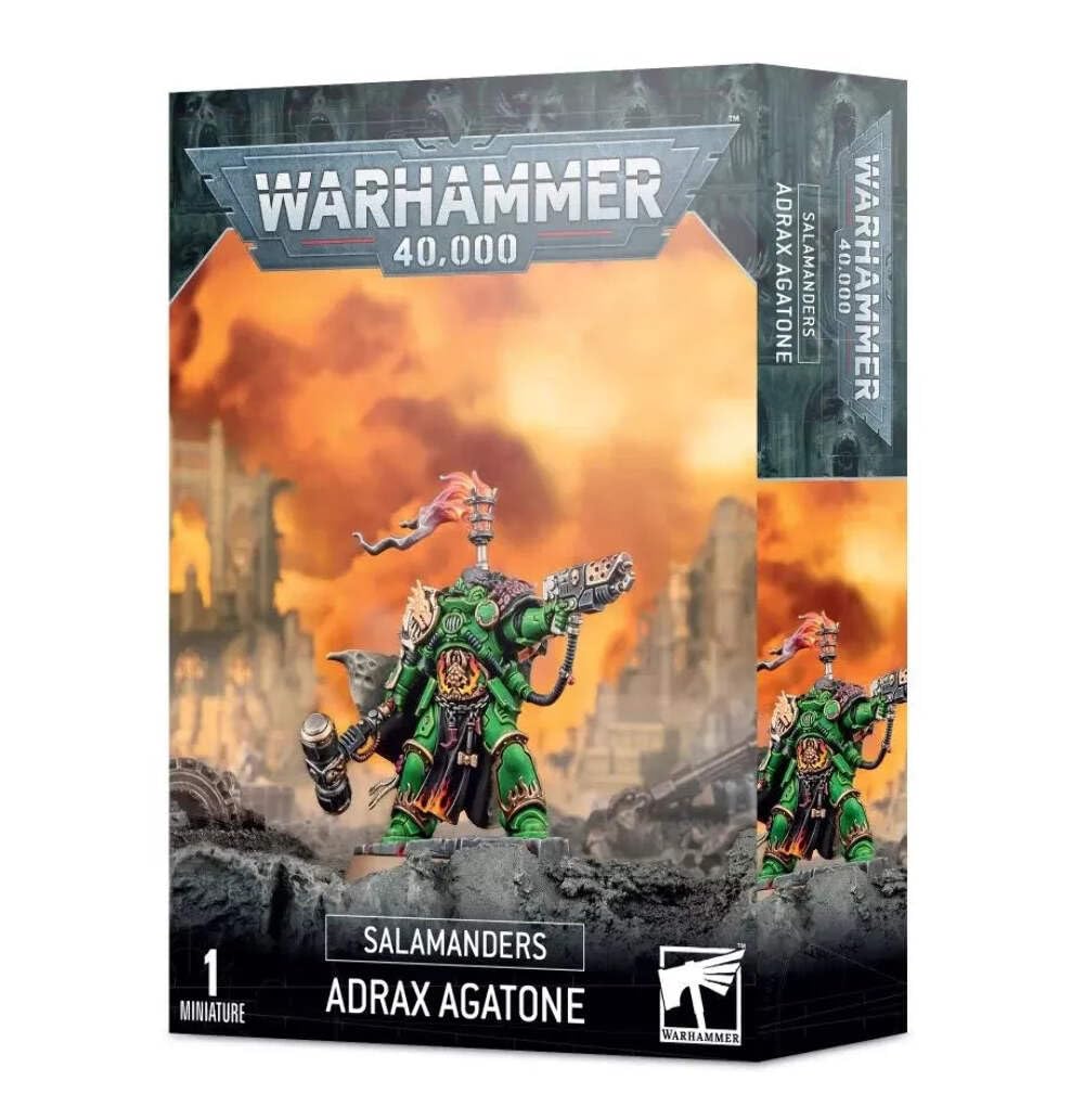 Games Workshop Adrax Agatone captain miniature in Salamanders pose, ready for painting and tabletop battles.
