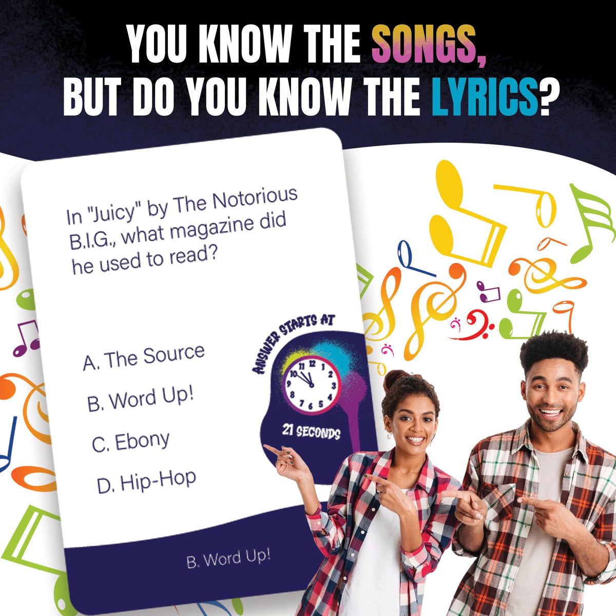 Game That Song Lyric Legend question card presents four options for fun choices