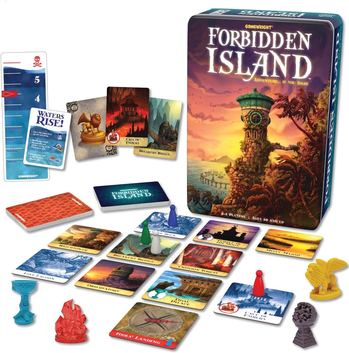 Gamewright Forbidden Island treasures on board, highlighting cooperative puzzle solving