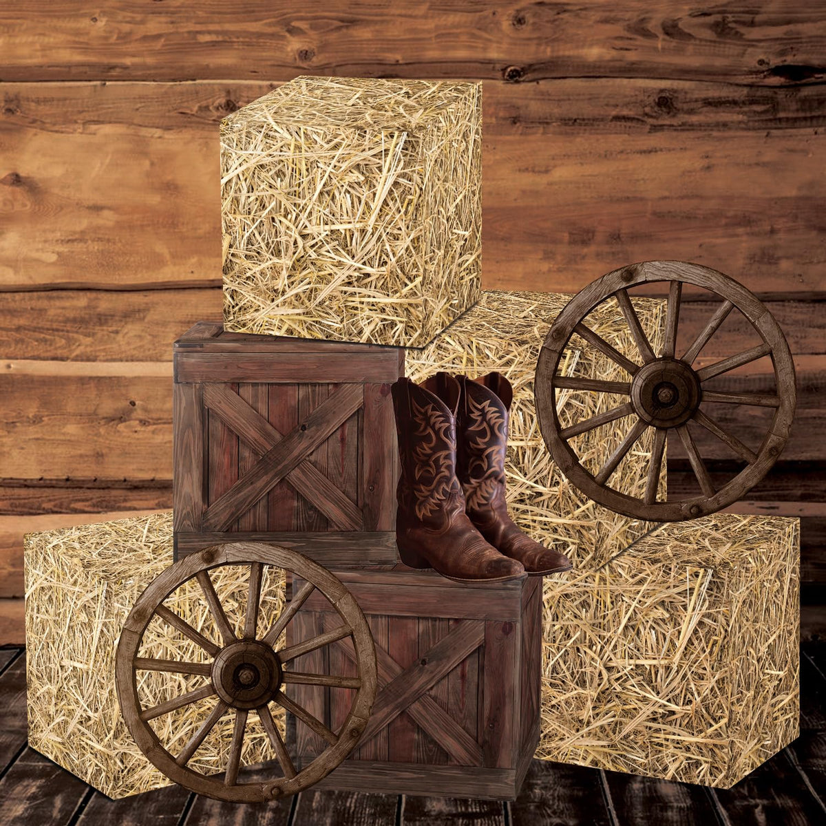 Gameza western hay bale boxes decor enhances rustic party ambiance and photo-worthy setup.