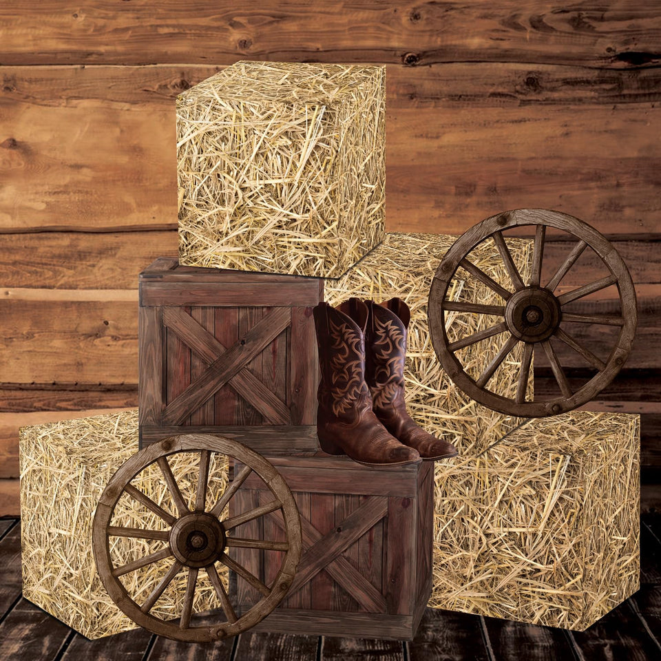 Gameza western hay bale boxes decor enhances rustic party ambiance and photo-worthy setup.