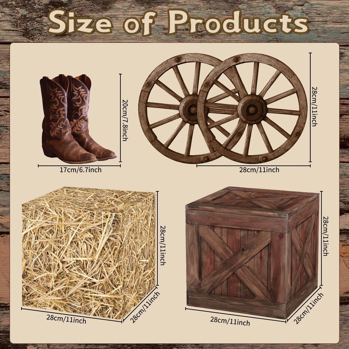 Gameza western wooden boxes provide sturdy display bases for thematic table settings.