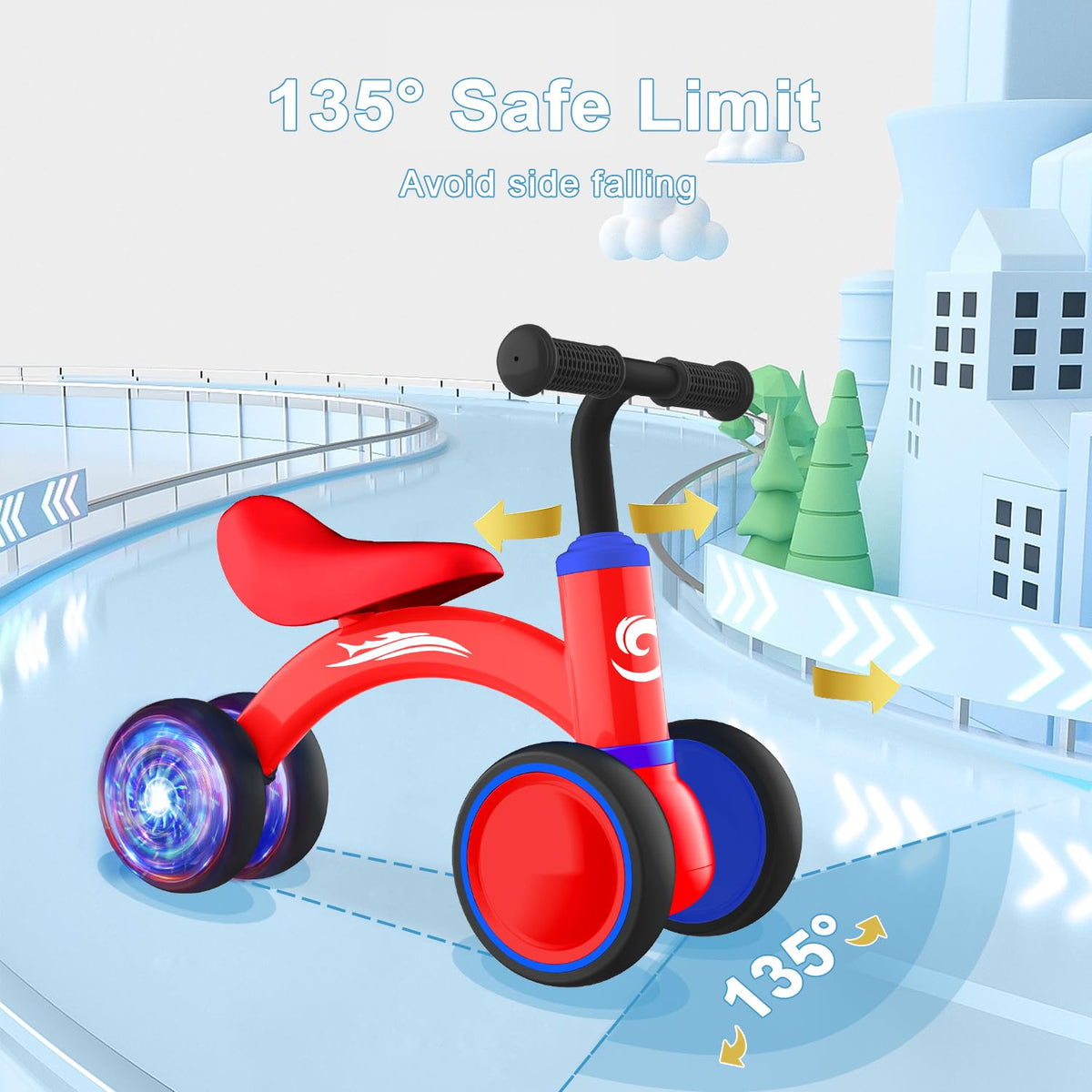 Gamfeiny 135-degree steering helps prevent side falls during curious play.