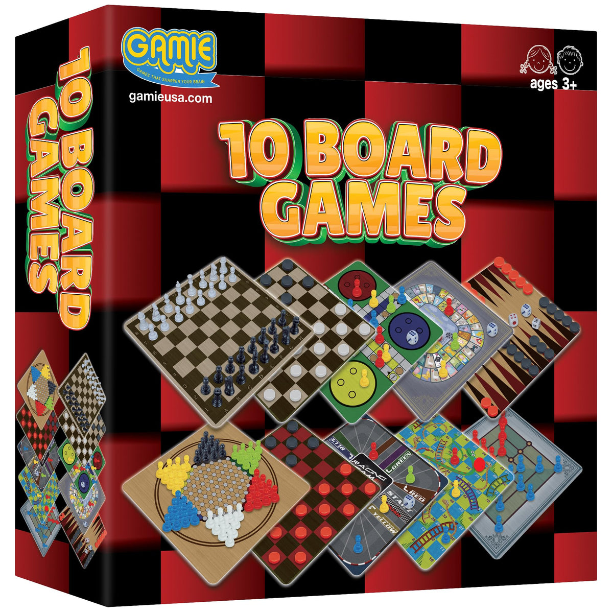 Gamie 10 Board Games Set box view, ideal for family entertainment on weekends.