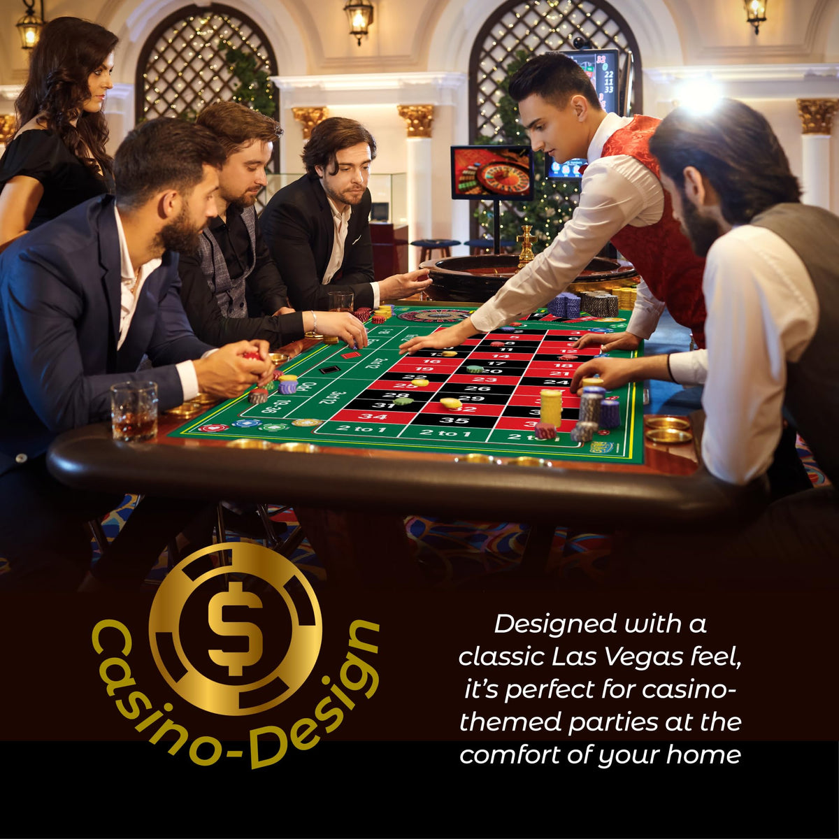 Gamie casino-themed party setup showing dramatic game-night ambiance
