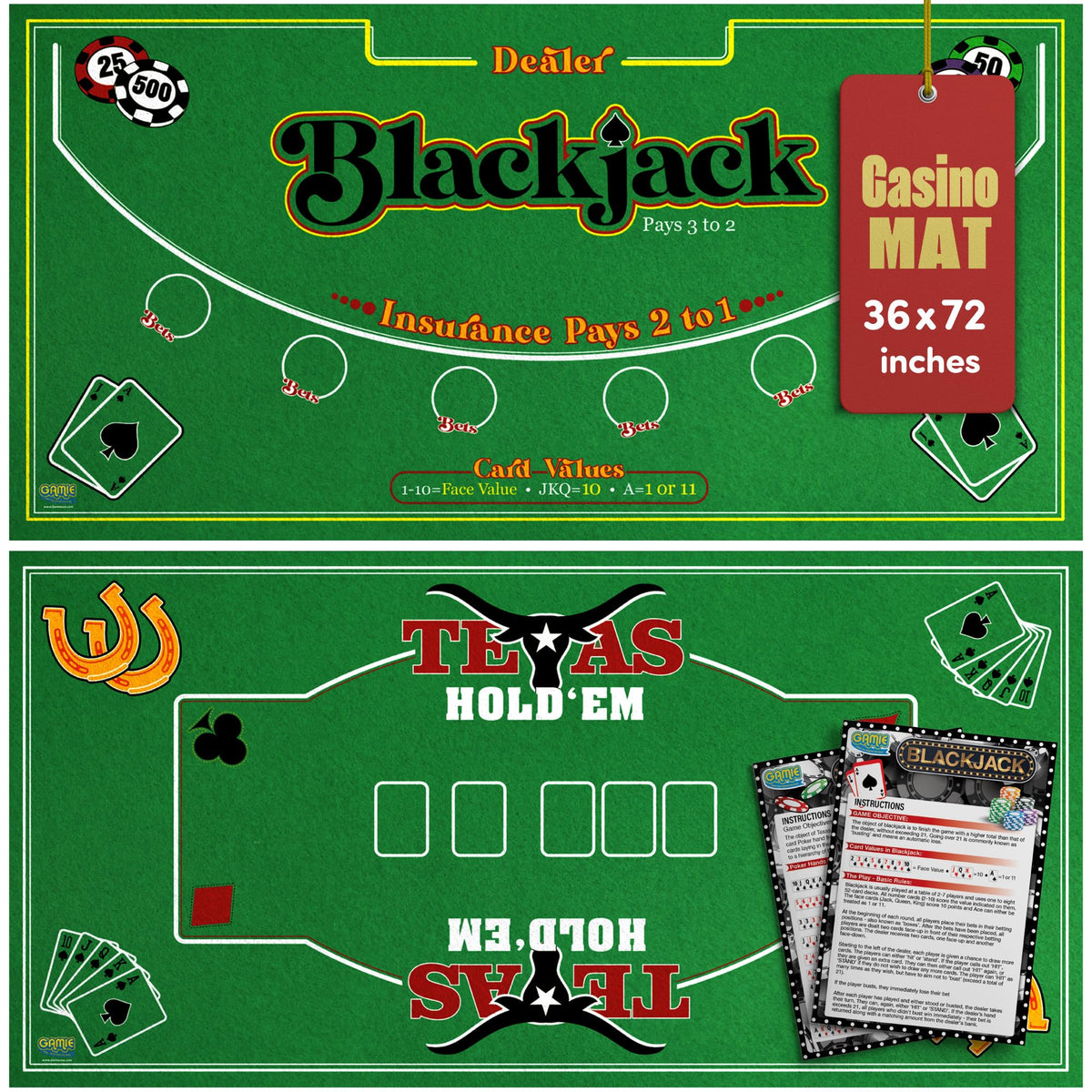 Gamie double-sided felt casino mat showing dual layouts for Hold’em and Blackjack.