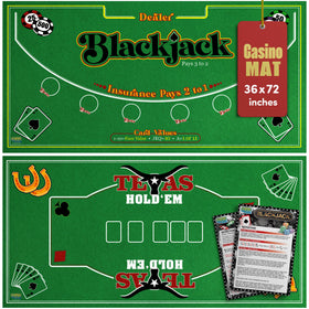 Gamie double-sided felt casino mat showing dual layouts for Hold’em and Blackjack.