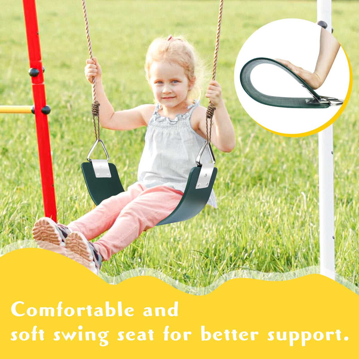 GAMKII reinforced EVA seat showing 24x5.9 inch size for comfortable family swings.