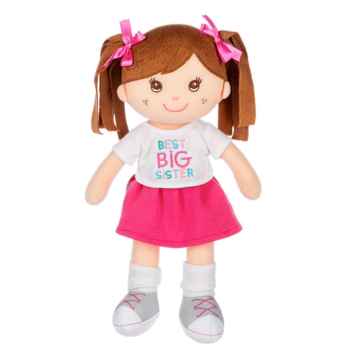 Ganz Best Big Sister plush doll wearing pink skirt and white tee, ideal cuddle companion for bedtime.