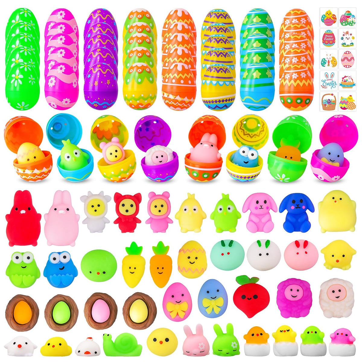 Garma Easter filled eggs featuring mochi squishy toys and tattoos for kids