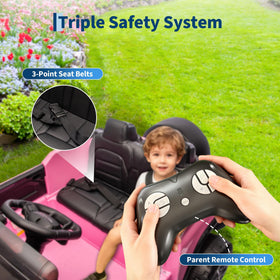 Garvee two-seater ride-on car with anti-slip bench for sibling play.