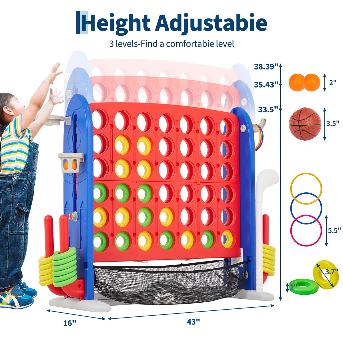 Garvee Giant 4-in-a-Row height adjustment, fitting kids and adults for inclusive play.
