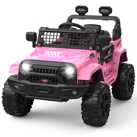GarveeLife 12V kids ride-on truck front view with LED headlights for nighttime visibility.