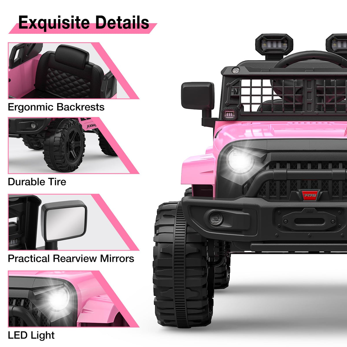 GarveeLife 12V kids ride-on truck side view showing sturdy tires and compact footprint.