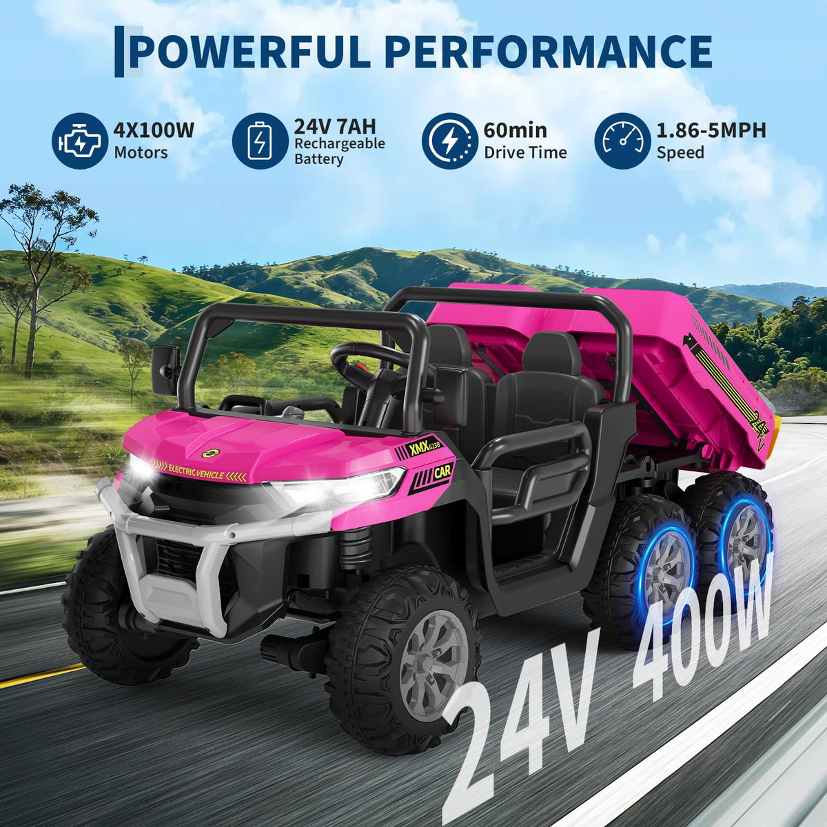 GarveeLife 24V EVA tires close-up highlighting smoother rides on uneven ground