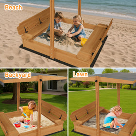 GARWOOD sandbox with foldable benches offering seating and lid conversion.