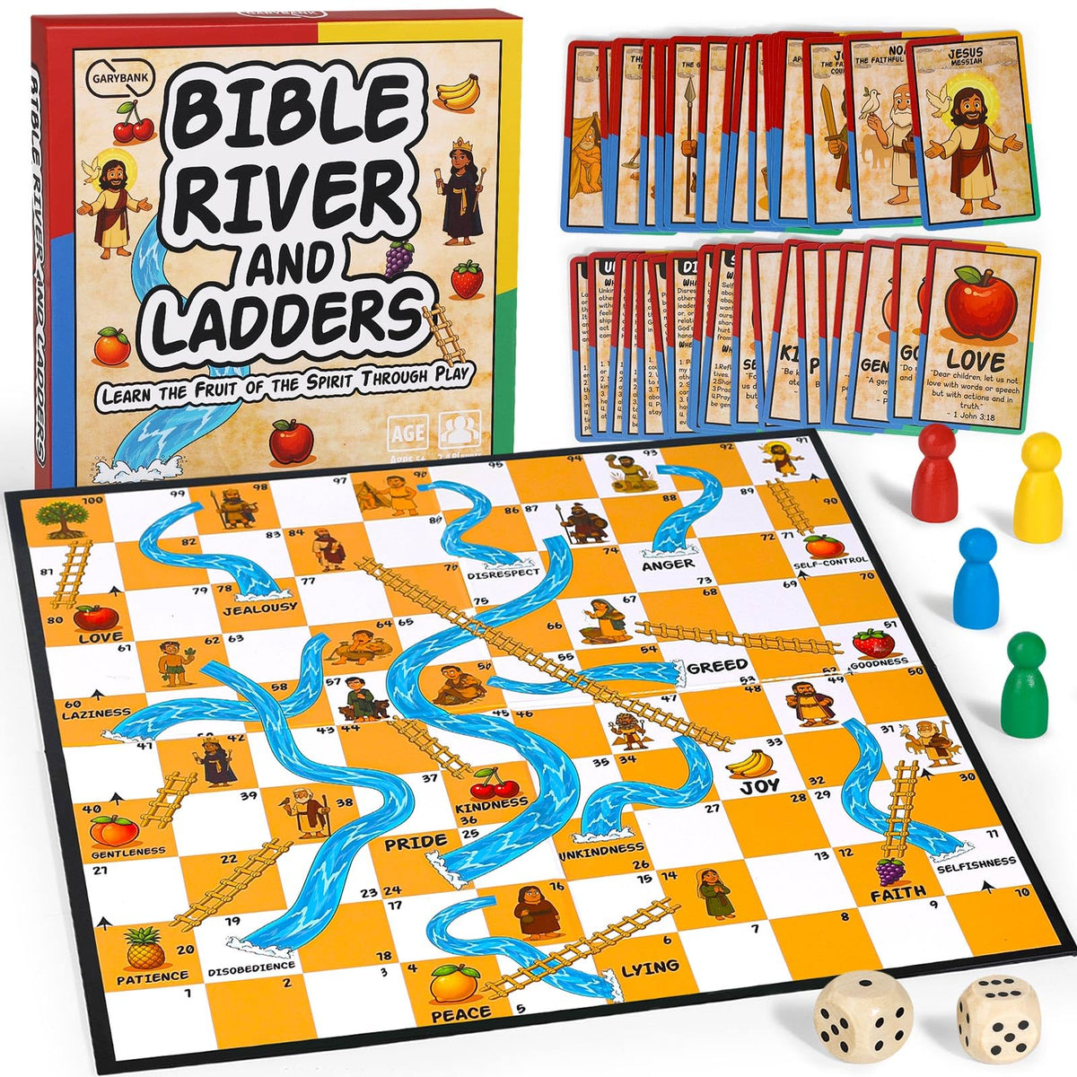 Garybank Bible River and Ladders board parts show colorful game pieces for hands-on learning