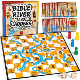 Garybank Bible River and Ladders board parts show colorful game pieces for hands-on learning