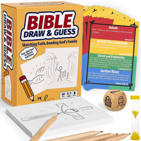 Garybank Draw & Guess Bible game box with colorful components for family fun.