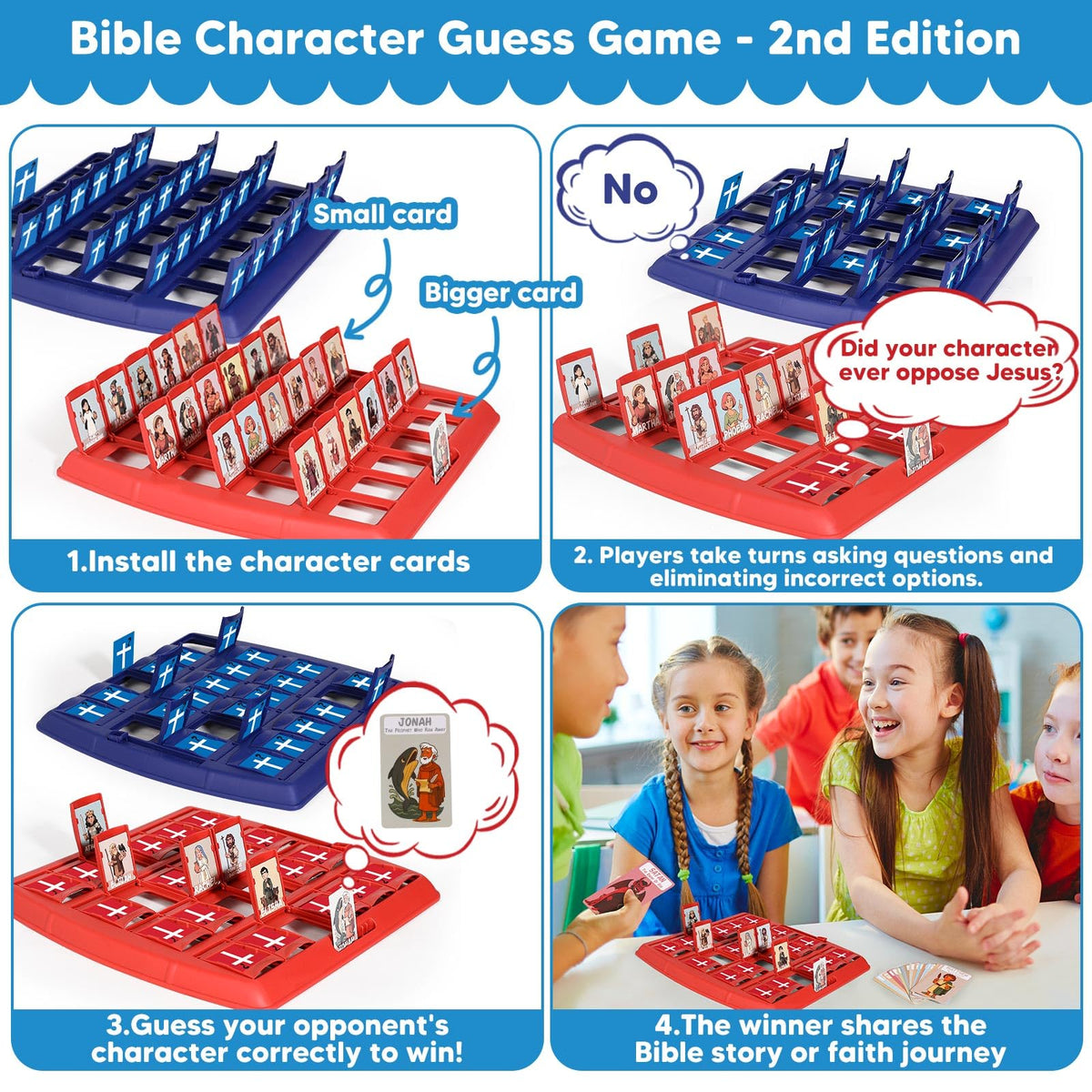 Garybank Guess Bible game cards display 24 characters for learning through play