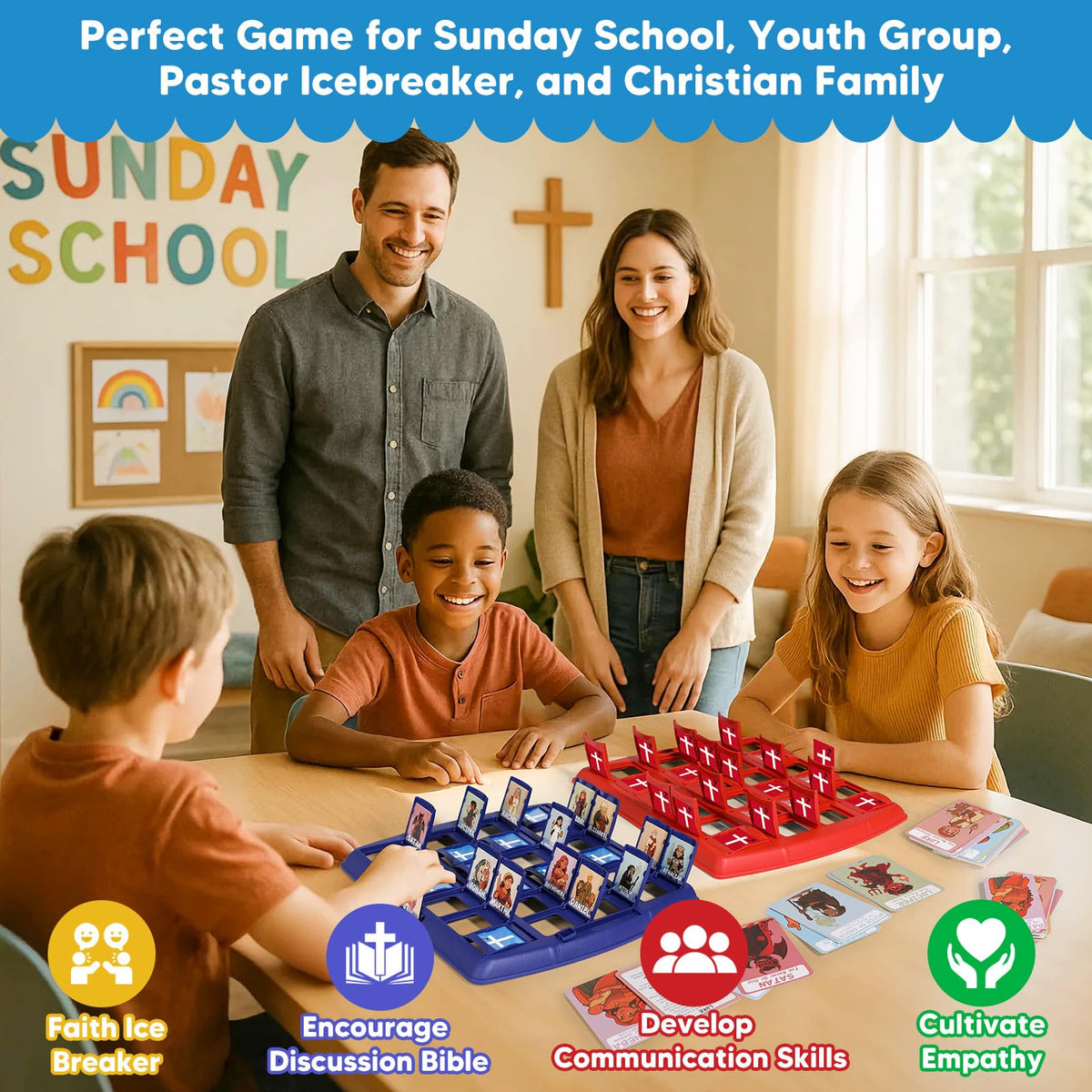 Garybank Guess Bible gameplay scene showing kids collaborating and guessing together