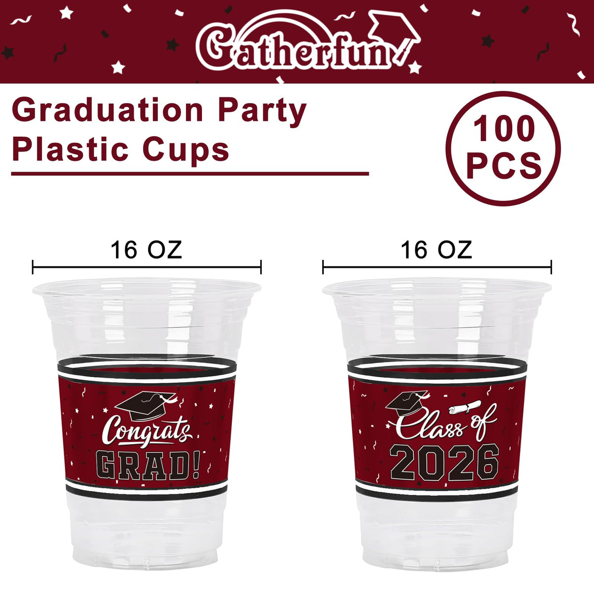 Gatherfun 16oz congrats grad cups, side view for festive beverage service.