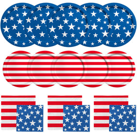 Gatherfun American flag dinner plates with star-and-stripe design for outdoor celebrations.