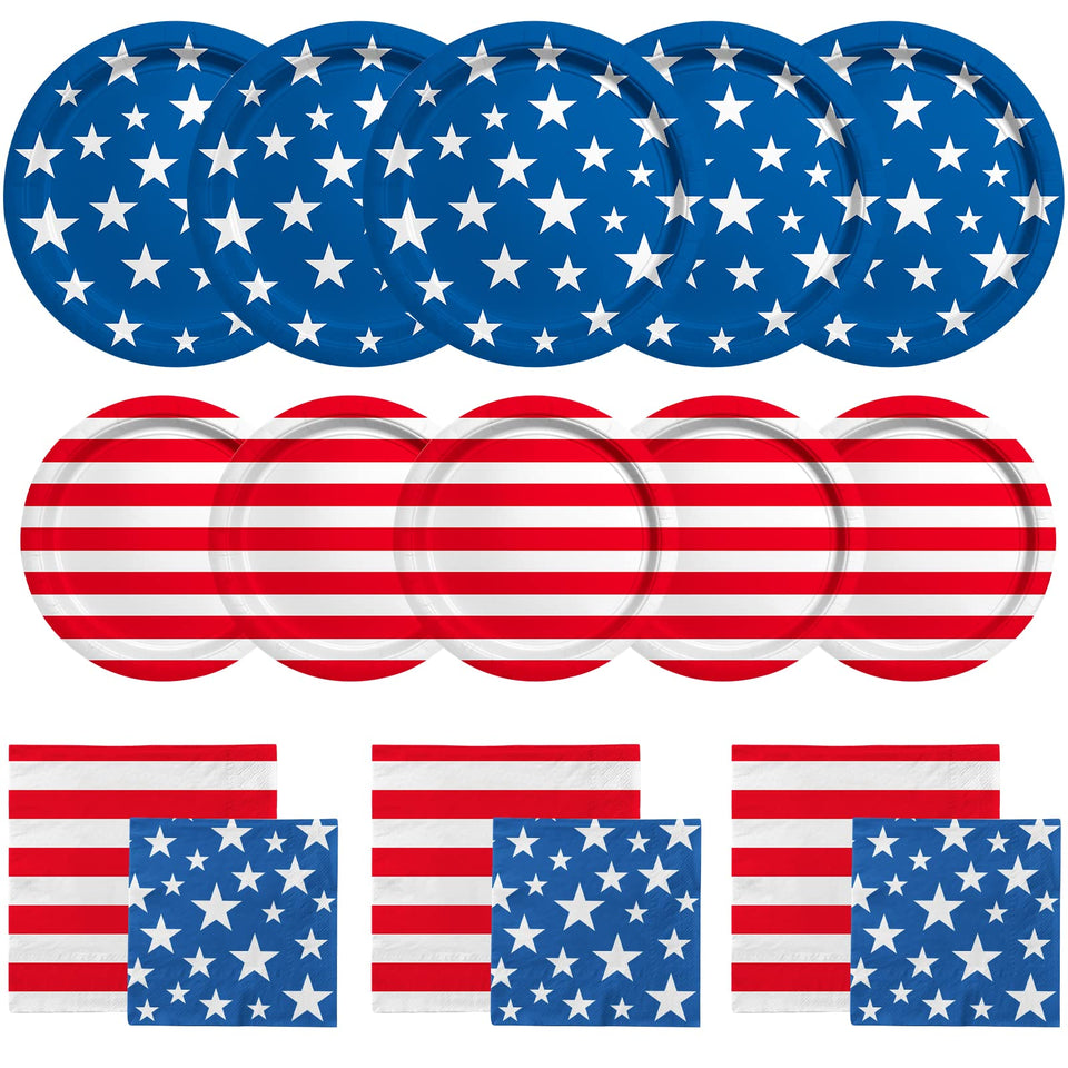 Gatherfun American flag dinner plates with star-and-stripe design for outdoor celebrations.