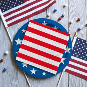 Gatherfun patriotic tableware suitable for Veterans Day, 4th of July, and election night gatherings.