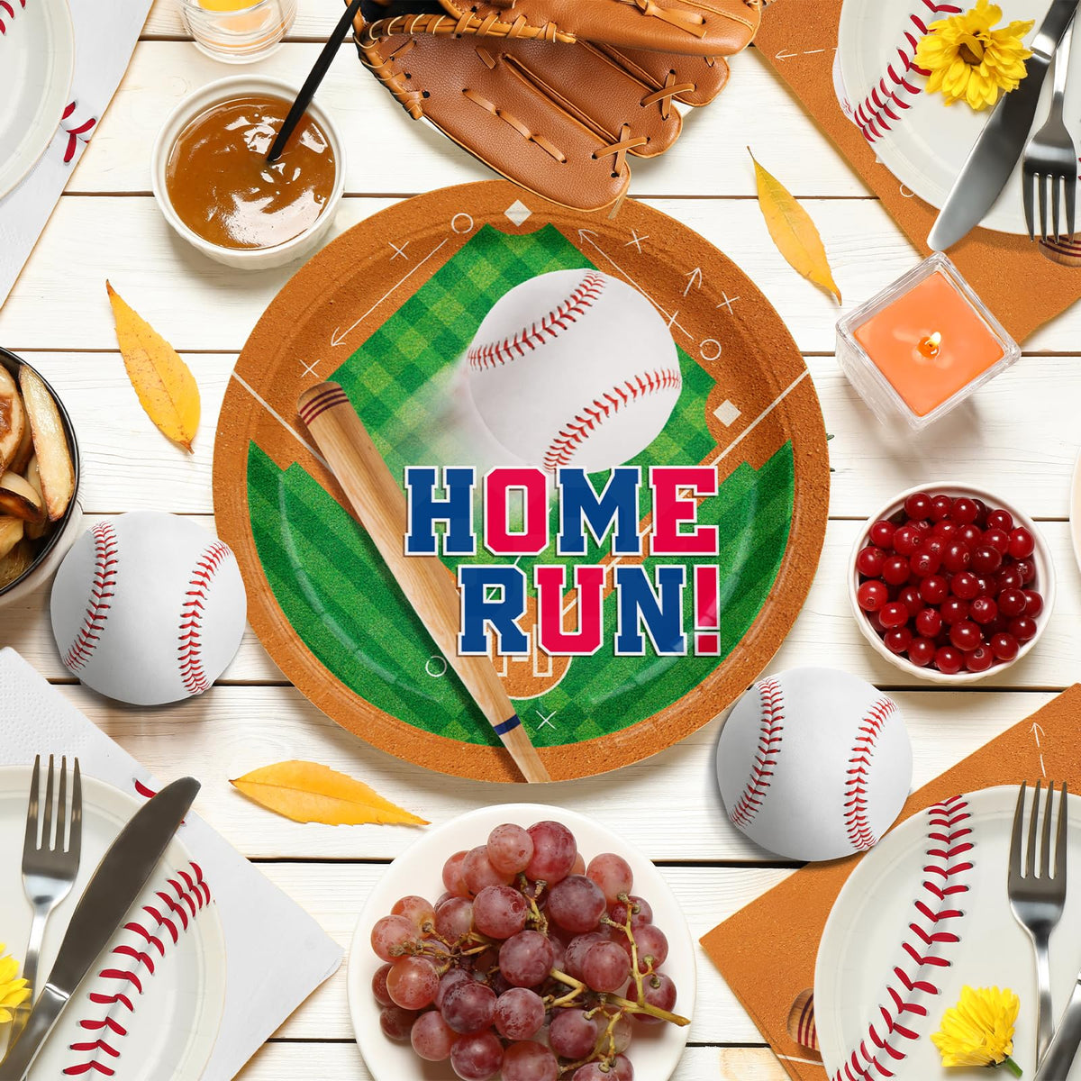 Gatherfun baseball party napkins folded 6.5x6.5 inches absorbent for quick cleanup.