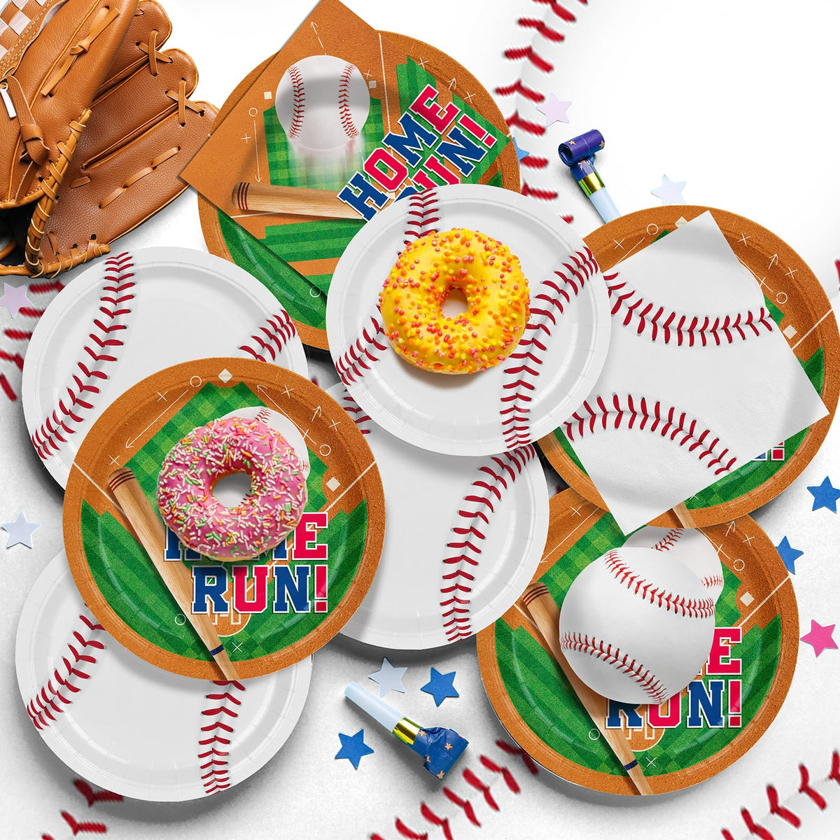 Gatherfun baseball party table setup for a coordinated, game-ready tablescape.