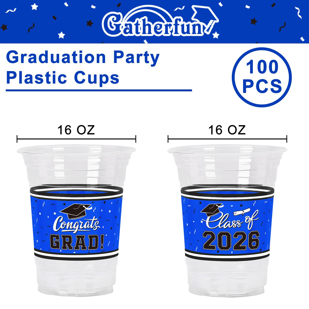 Gatherfun congrats grad 2026 cups angled for dynamic party visuals and labeling.