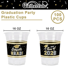 Gatherfun cups featuring congrats grad hats and scrolls for festive ambiance